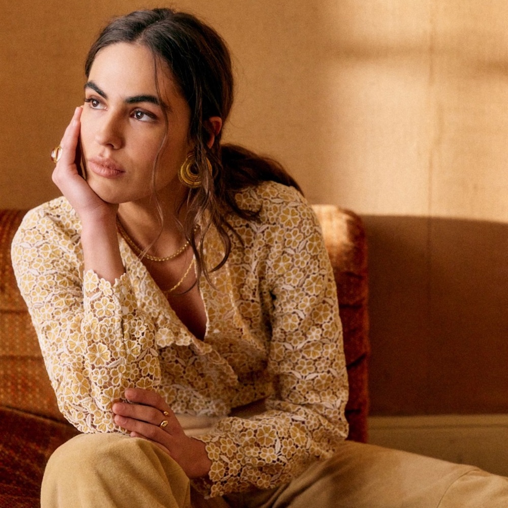 Sezane Floral Lace Button Down Shirt - Cream and Gold